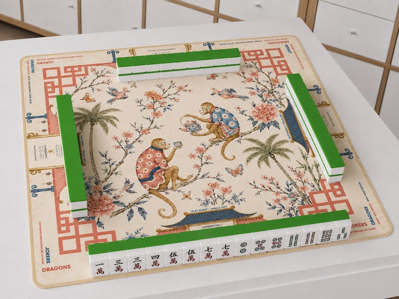 Monkey Chinoiserie Mahjong Mat, Oriental Art Table Cover, Game Night Accent