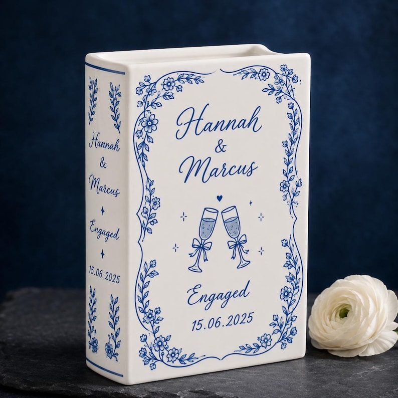 Custom Toile De Jouy Ceramic Book Vase, Personalised Wedding Gift for Couple, Floral Book Shaped Vase