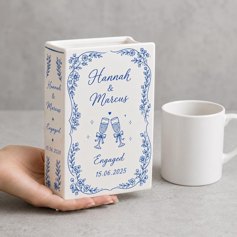 Custom Toile De Jouy Ceramic Book Vase, Personalised Wedding Gift for Couple, Floral Book Shaped Vase