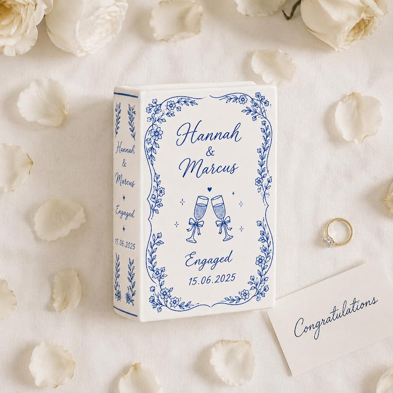 Custom Toile De Jouy Ceramic Book Vase, Personalised Wedding Gift for Couple, Floral Book Shaped Vase