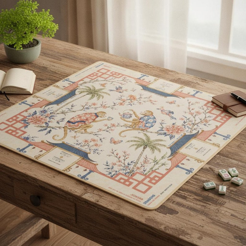 Monkey Chinoiserie Mahjong Mat, Oriental Art Table Cover, Game Night Accent