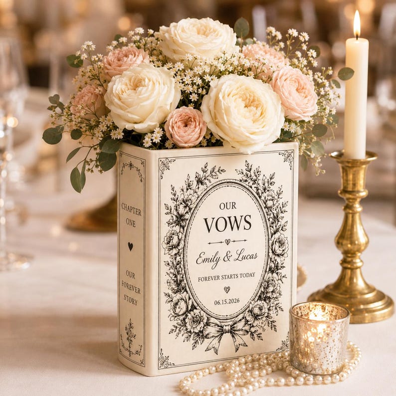 Custom Toile De Jouy Ceramic Book Vase, Personalised Wedding Gift for Couple