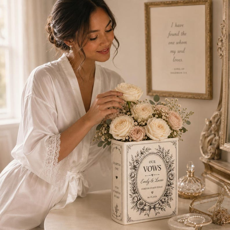 Custom Toile De Jouy Ceramic Book Vase, Personalised Wedding Gift for Couple