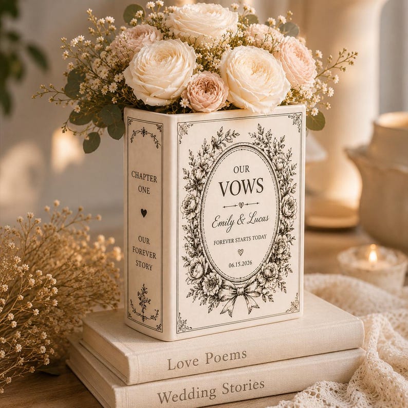 Custom Toile De Jouy Ceramic Book Vase, Personalised Wedding Gift for Couple