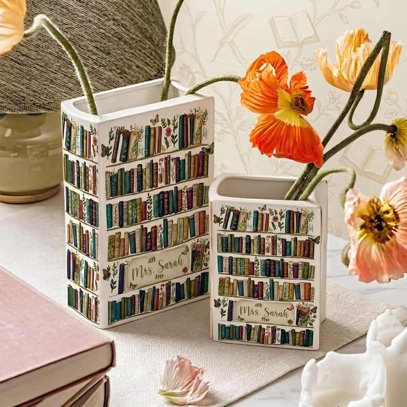 Personalized Ceramic Book Vase, Floral Bookshelf Decor