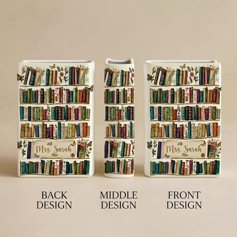Personalized Ceramic Book Vase, Floral Bookshelf Decor