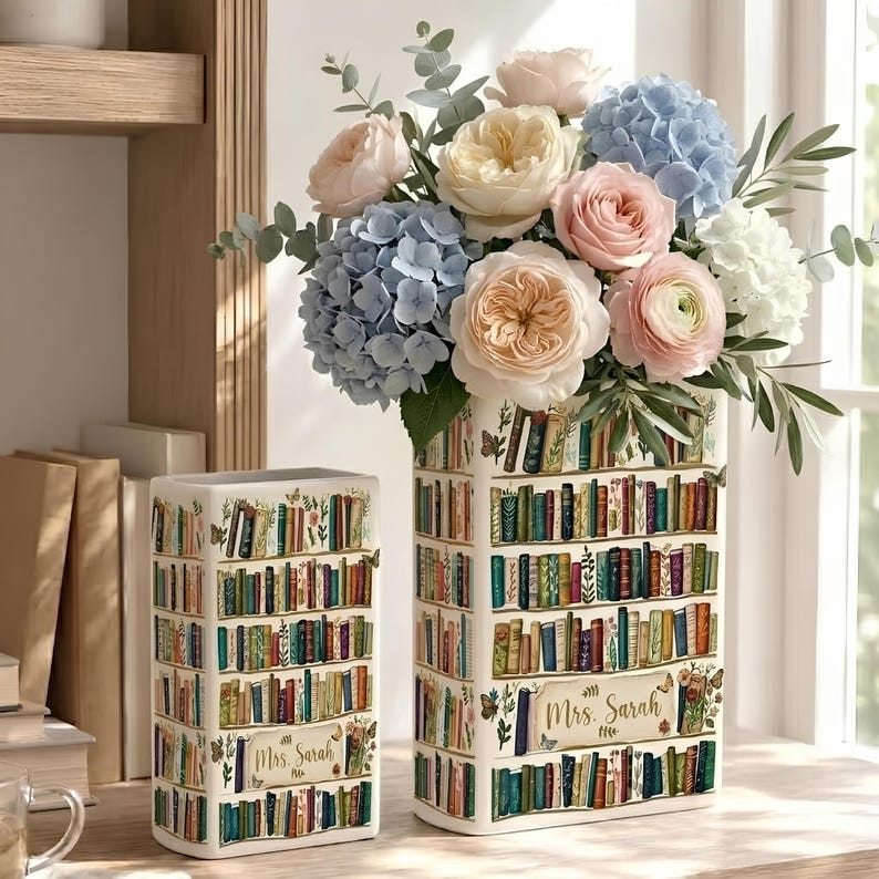 Personalized Ceramic Book Vase, Floral Bookshelf Decor