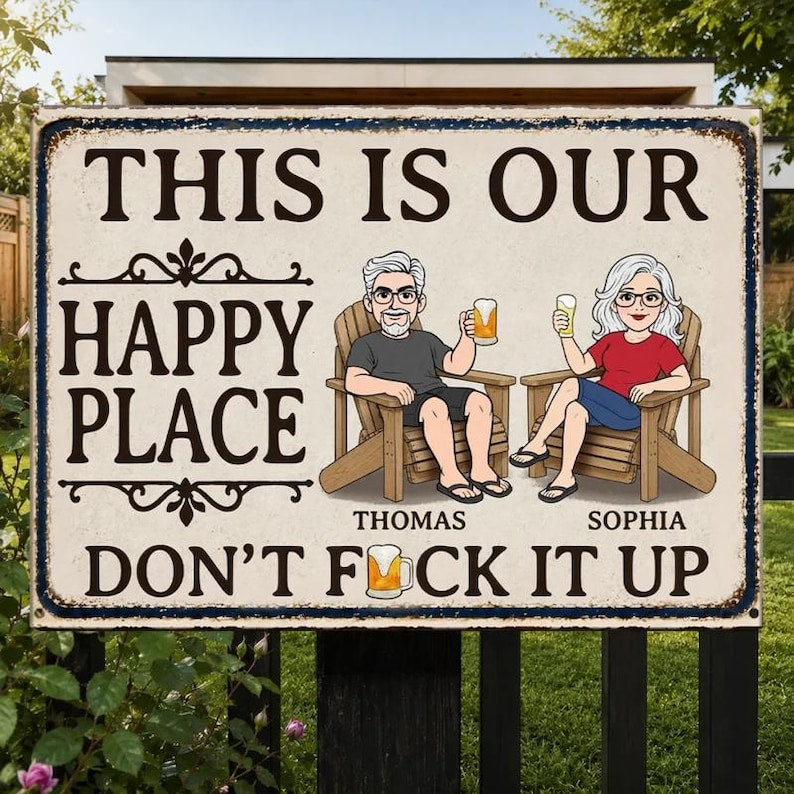 Personalized This Is Our Happy Place, Couple Happy Place Metal Sign, Gifts For Husband And Wife