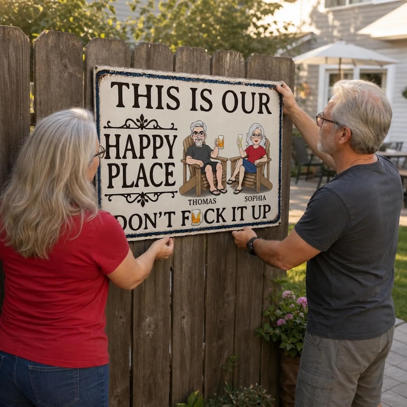 Personalized This Is Our Happy Place, Couple Happy Place Metal Sign, Gifts For Husband And Wife