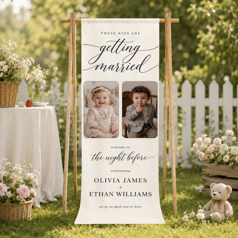 Personalized Wedding Welcome Banner, Kids Are Getting Married Sign, Photo Wedding Banner, Rehearsal Dinner Decor
