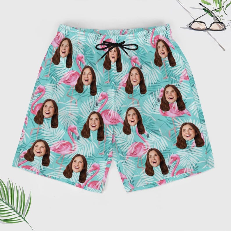 Custom Photo Face Tropical Swim Trunks, Personalized Mens Flamingo Palm Board Shorts, Custom Beach Shorts