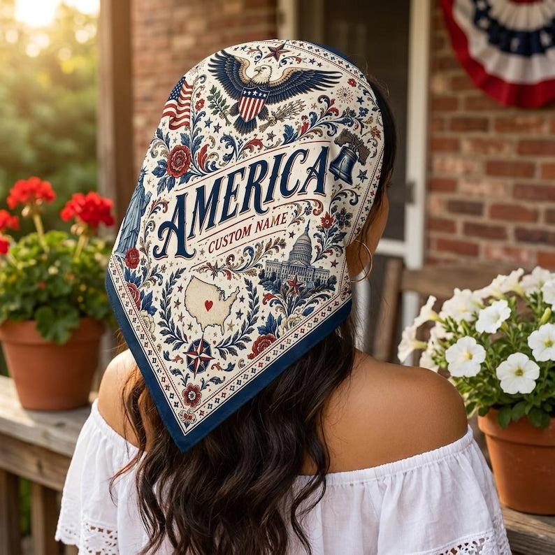 Custom America Scarf, USA Patriotic Bandana, Stars and Stripes Hair Ribbon
