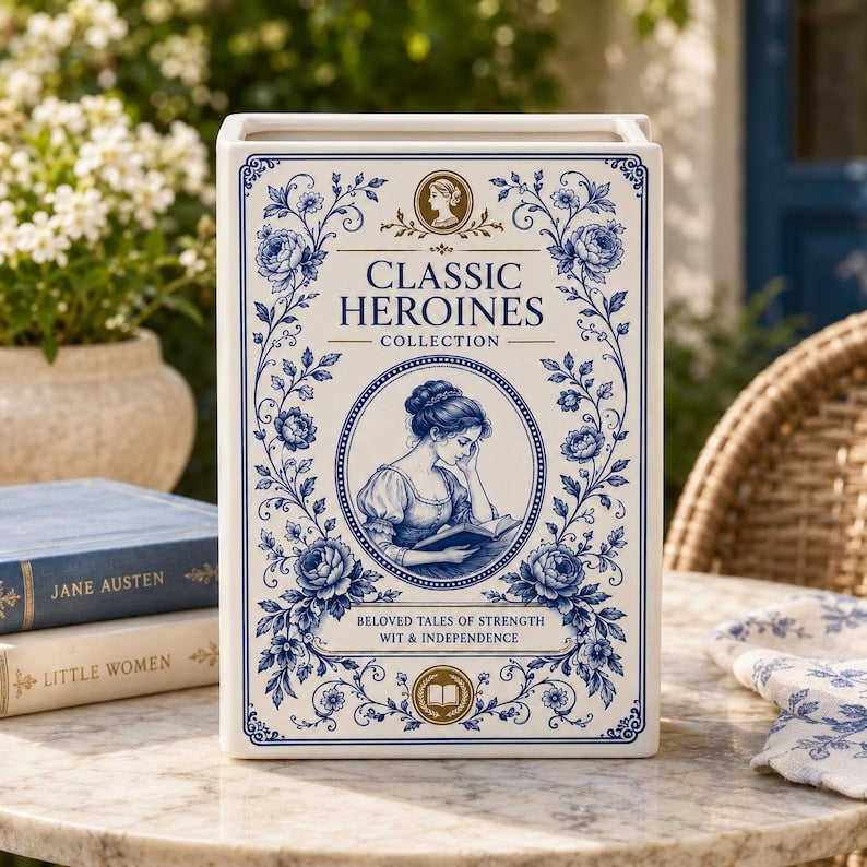 Classic Heroines Book Vase, Blue Toile Ceramic Vase, Jane Austen Inspired Decor, Literary Gift