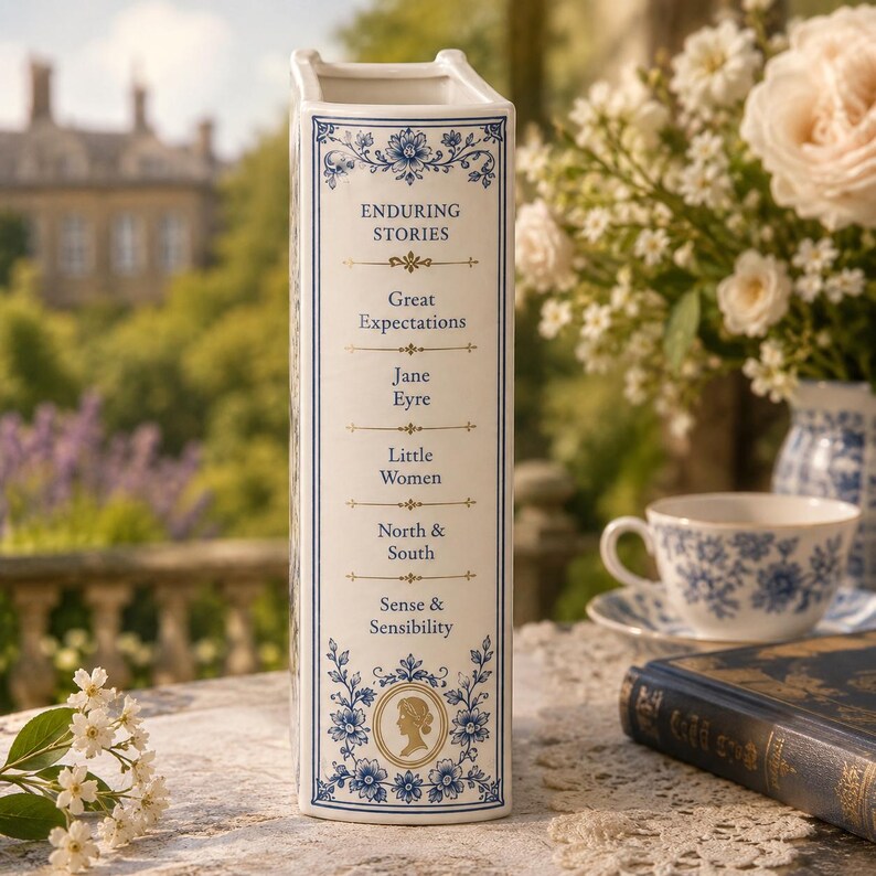 Classic Heroines Book Vase, Blue Toile Ceramic Vase, Jane Austen Inspired Decor, Literary Gift