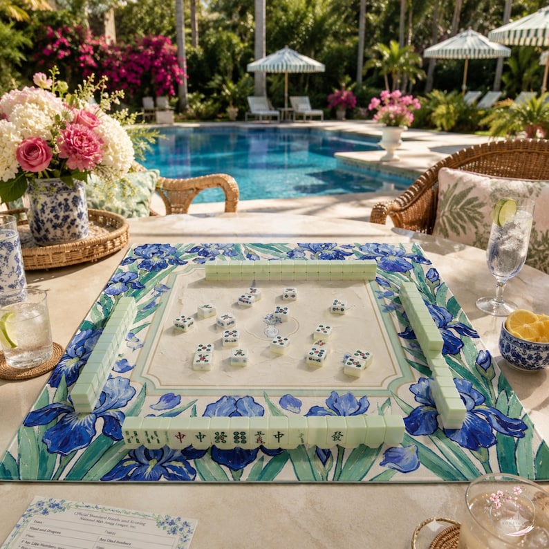 The Blue Iris Garden Mahjong Mat, Floral Mahjong Mat, Botanical American Mahjong Mat