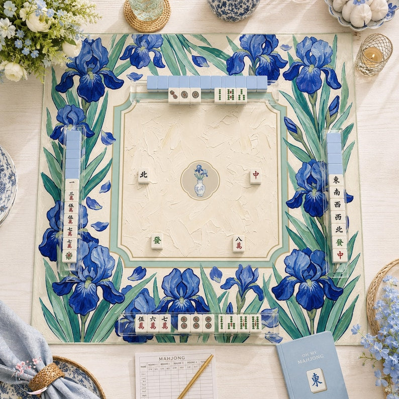 The Blue Iris Garden Mahjong Mat, Floral Mahjong Mat, Botanical American Mahjong Mat