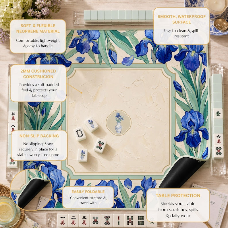 The Blue Iris Garden Mahjong Mat, Floral Mahjong Mat, Botanical American Mahjong Mat