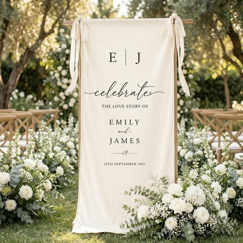 Wedding Welcome Sign, Tapestry Fabric Banner, Personalized Garden Wedding Decor