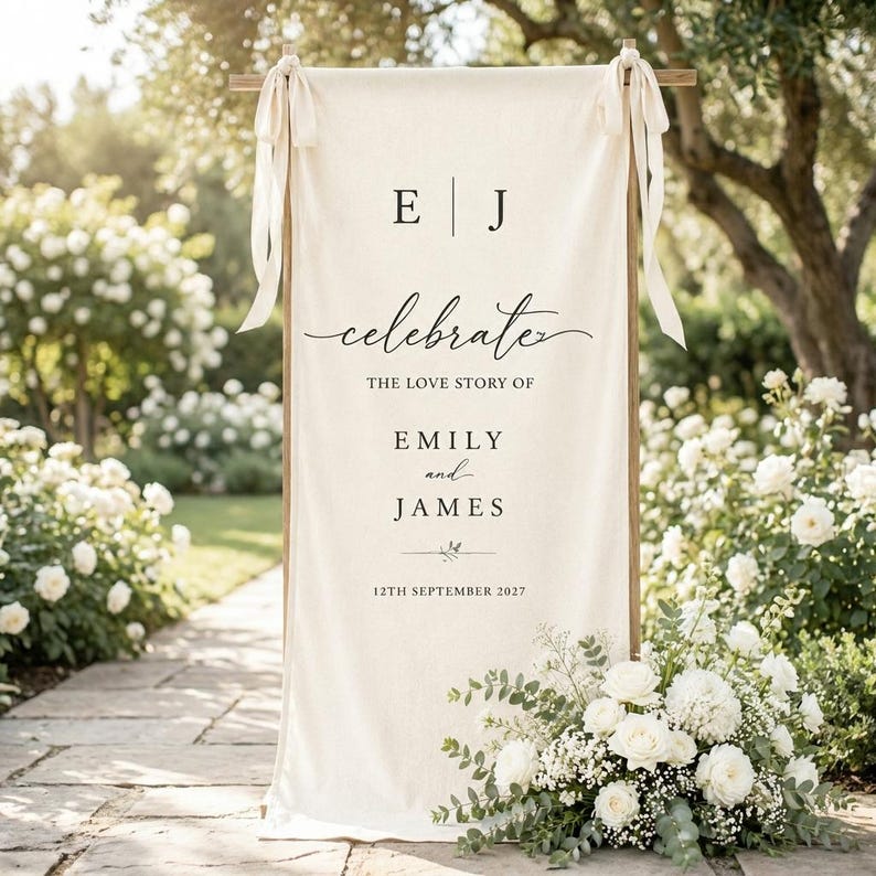 Wedding Welcome Sign, Tapestry Fabric Banner, Personalized Garden Wedding Decor