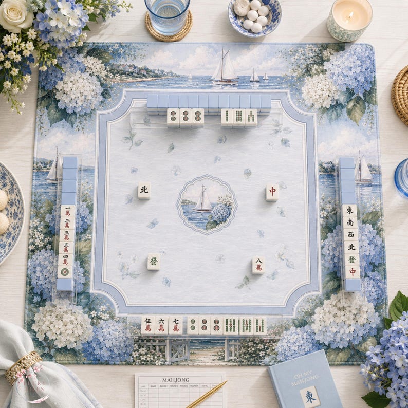 The Nantucket Coastal Hydrangea Mahjong Mat, Blue Hydrangea & Sailboat Mahjong Mat, Coastal American Mahjong Mat