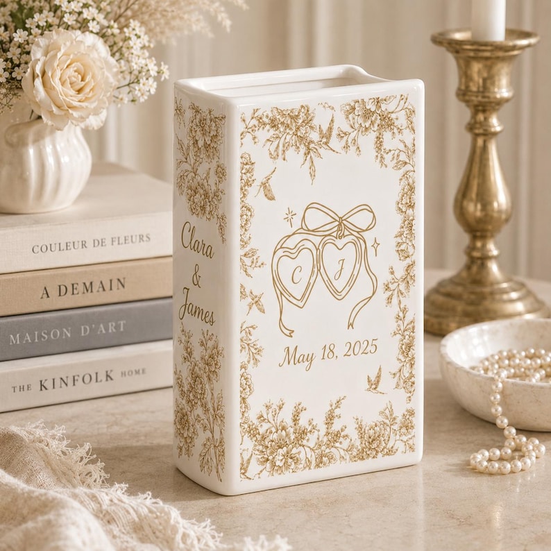 Personalized Engagement Ceramic Book Vase,Custom Toile De Jouy Couple Name Book Vase