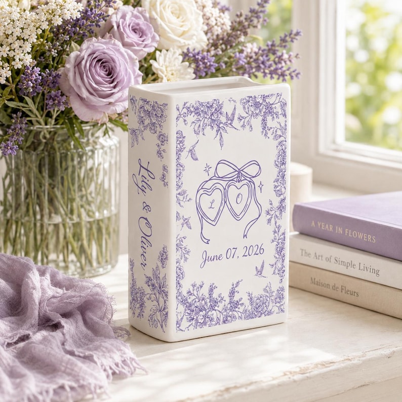 Personalized Engagement Ceramic Book Vase,Custom Toile De Jouy Couple Name Book Vase