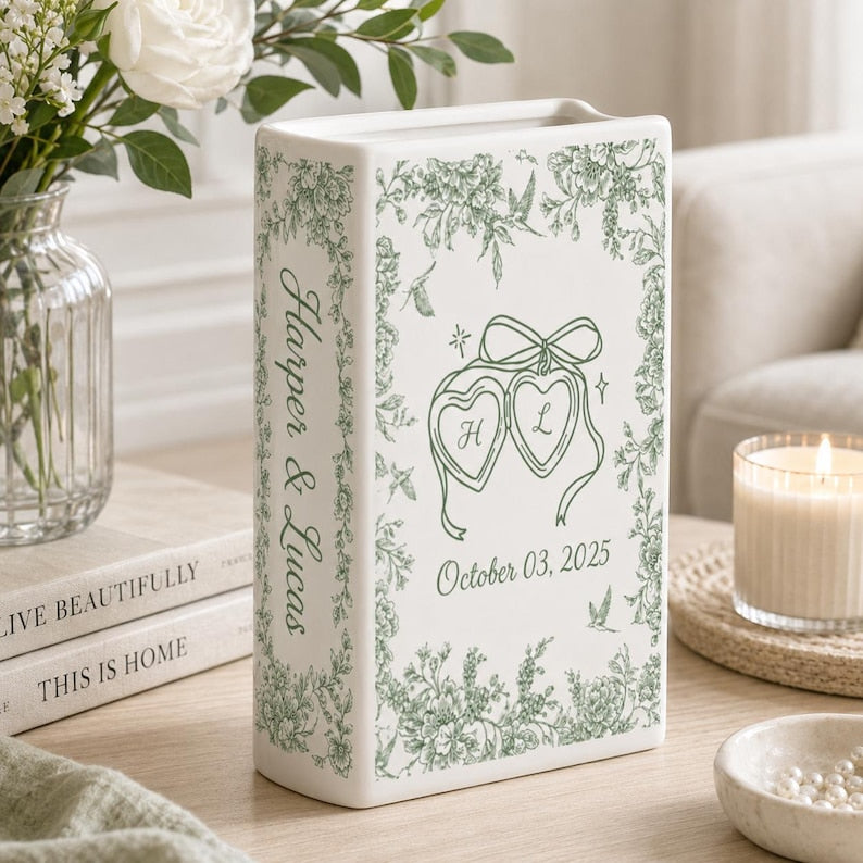 Personalized Engagement Ceramic Book Vase,Custom Toile De Jouy Couple Name Book Vase