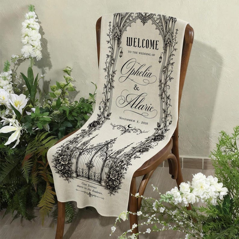 Personalized Gothic Wedding Tapestry, Custom Archway Welcome Sign
