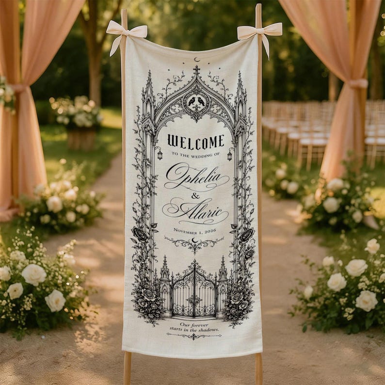 Personalized Gothic Wedding Tapestry, Custom Archway Welcome Sign