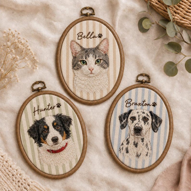 Personalized Pet Portrait Embroidery Hoop, Custom Dog Cat Memorial Gift, Embroidered Pet Portrait