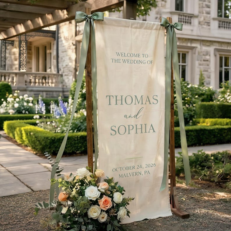 Personalized Wedding Welcome Sign, Sign with Ribbon, Modern Engagement Party Decor