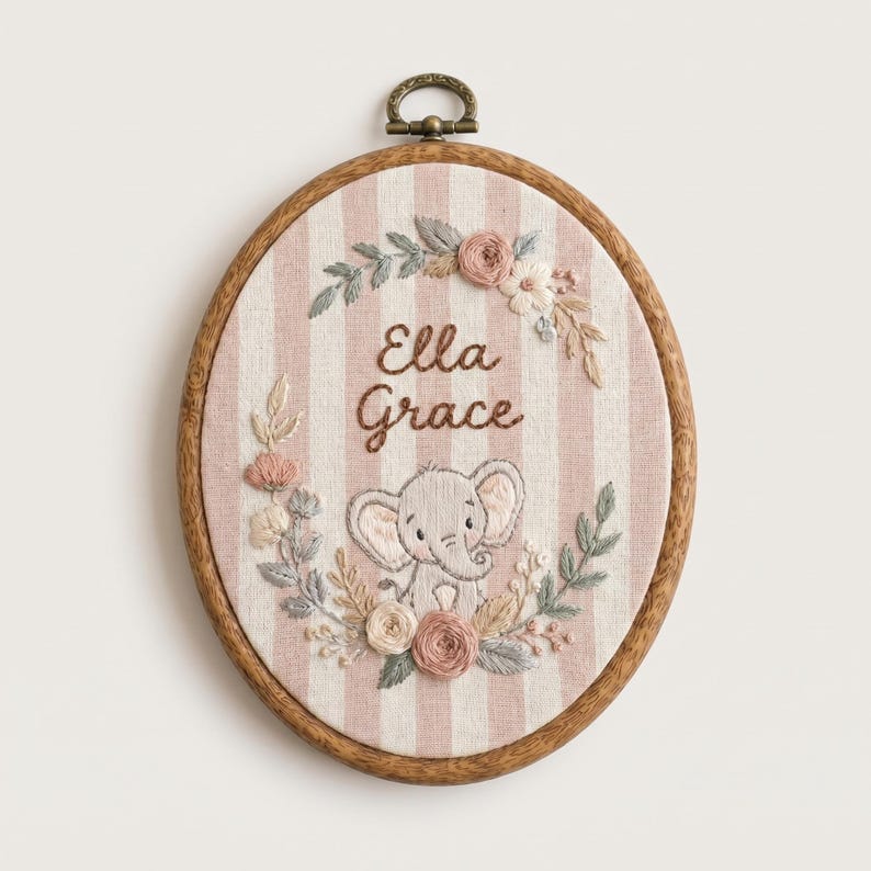 Personalized Striped Elephant Baby Name Hoop, Custom Embroidered Nursery Wall Decor, Floral Baby Name Sign