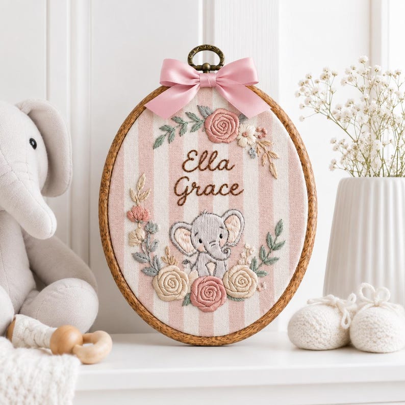 Personalized Striped Elephant Baby Name Hoop, Custom Embroidered Nursery Wall Decor, Floral Baby Name Sign