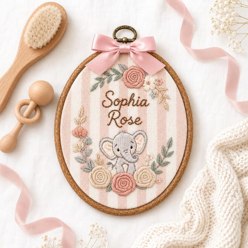 Personalized Striped Elephant Baby Name Hoop, Custom Embroidered Nursery Wall Decor, Floral Baby Name Sign