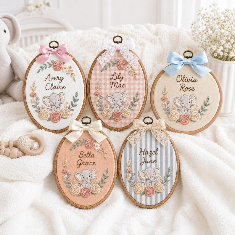 Personalized Striped Elephant Baby Name Hoop, Custom Embroidered Nursery Wall Decor, Floral Baby Name Sign