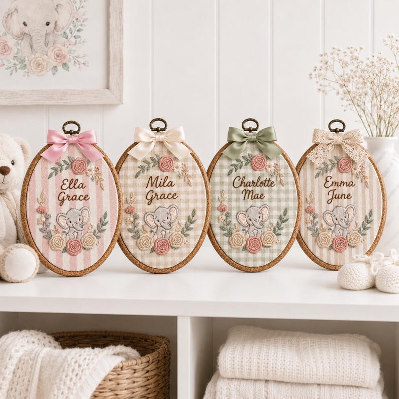 Personalized Striped Elephant Baby Name Hoop, Custom Embroidered Nursery Wall Decor, Floral Baby Name Sign