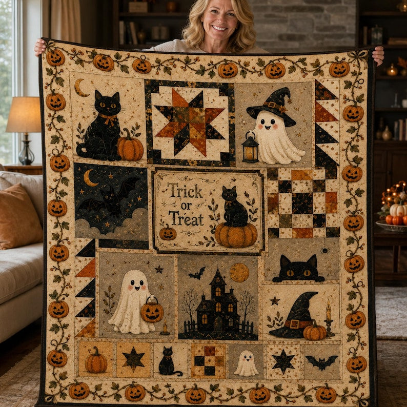 Halloween Quilt Pattern, Spooky Ghost Cat Pumpkin Quilt, Trick or Treat Quilt, Autumn Patchwork, Cozy Fall Decor