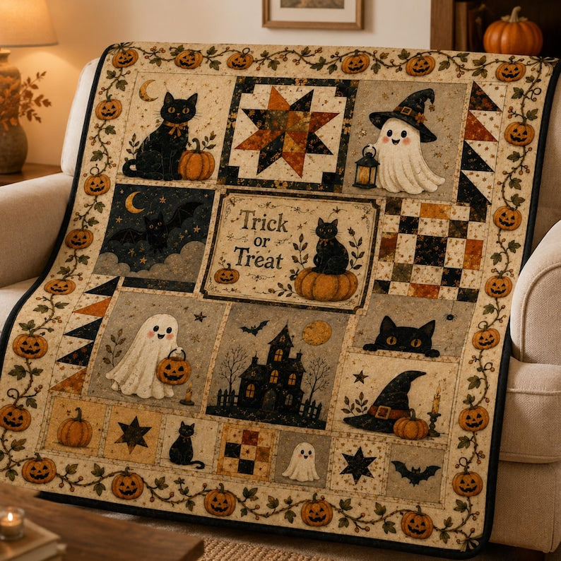 Halloween Quilt Pattern, Spooky Ghost Cat Pumpkin Quilt, Trick or Treat Quilt, Autumn Patchwork, Cozy Fall Decor