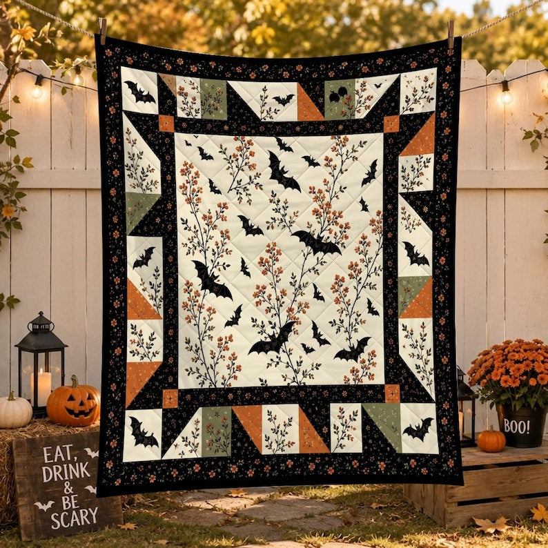 Halloween Bat Quilt Blanket: Vintage Flying Bats Patchwork Floral Cozy Autumn Bedding Throw