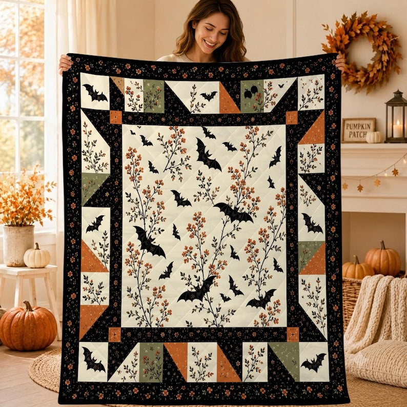 Halloween Bat Quilt Blanket: Vintage Flying Bats Patchwork Floral Cozy Autumn Bedding Throw