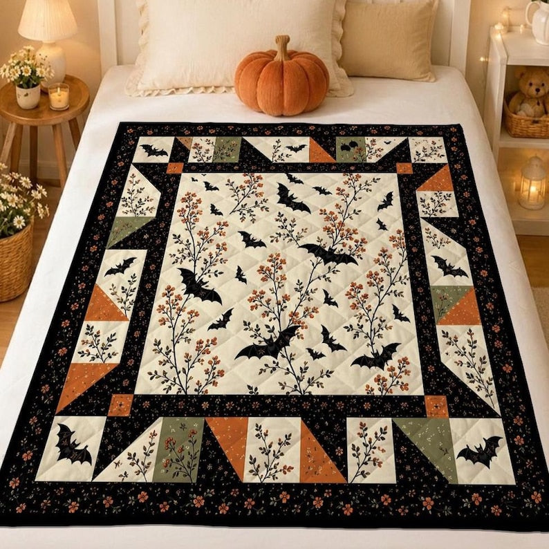 Halloween Bat Quilt Blanket: Vintage Flying Bats Patchwork Floral Cozy Autumn Bedding Throw