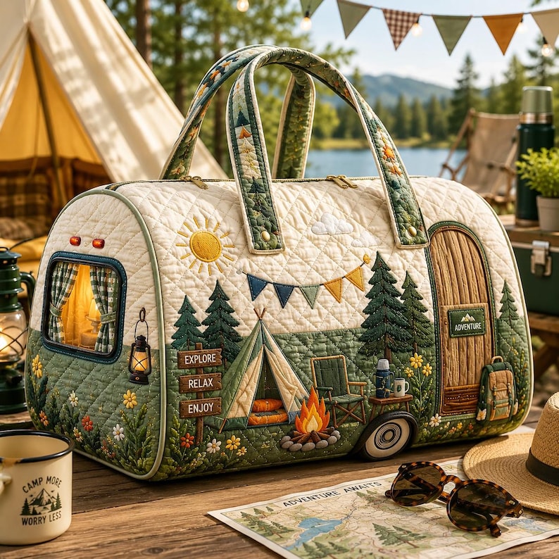 Quilted Camping Duffel Bag, Adventure Travel Weekender, Forest Cabin Overnight Bag, Mountain Camp Gift