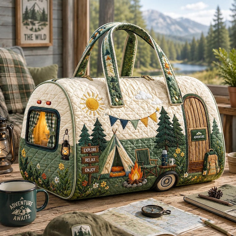 Quilted Camping Duffel Bag, Adventure Travel Weekender, Forest Cabin Overnight Bag, Mountain Camp Gift