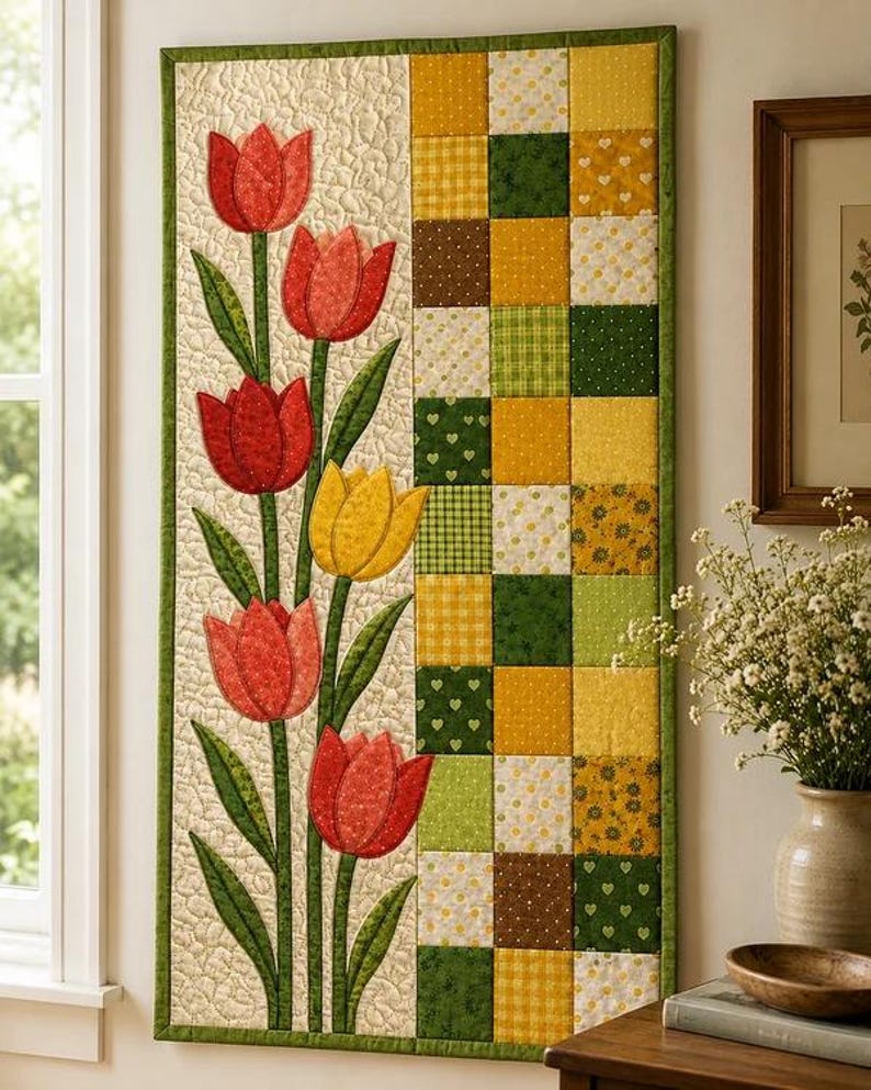 Tulip Quilt Pattern, Spring Table Runner, Floral Wall Hanging