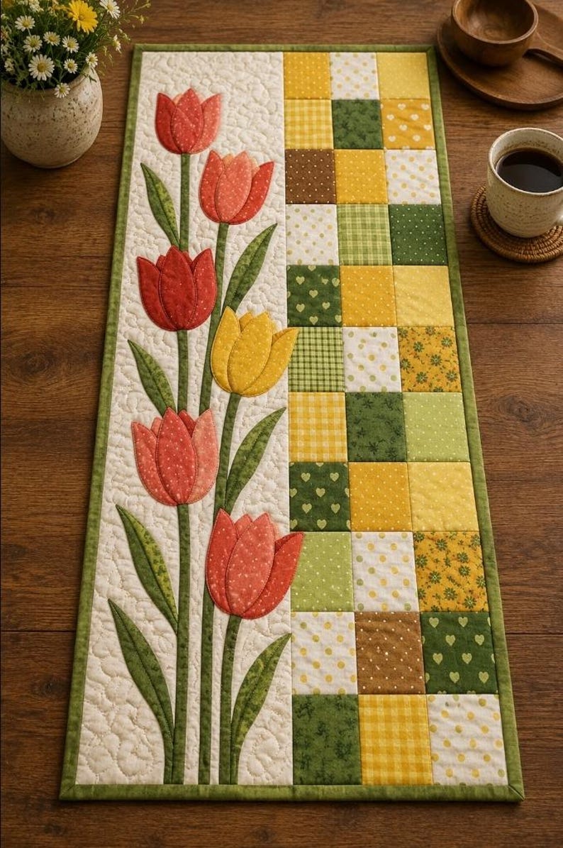 Tulip Quilt Pattern, Spring Table Runner, Floral Wall Hanging