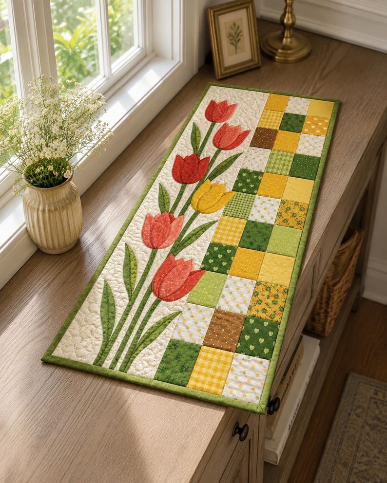 Tulip Quilt Pattern, Spring Table Runner, Floral Wall Hanging