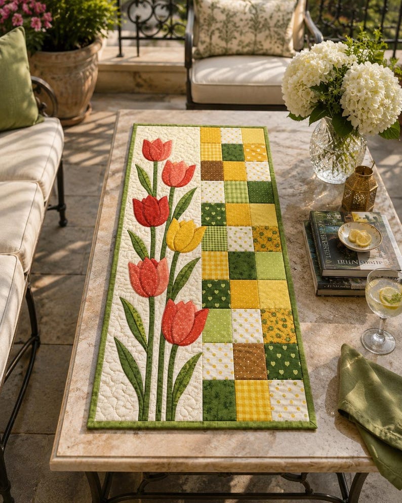 Tulip Quilt Pattern, Spring Table Runner, Floral Wall Hanging