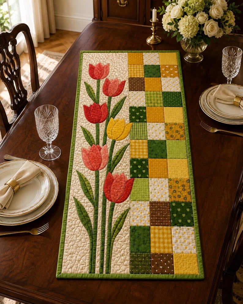 Tulip Quilt Pattern, Spring Table Runner, Floral Wall Hanging