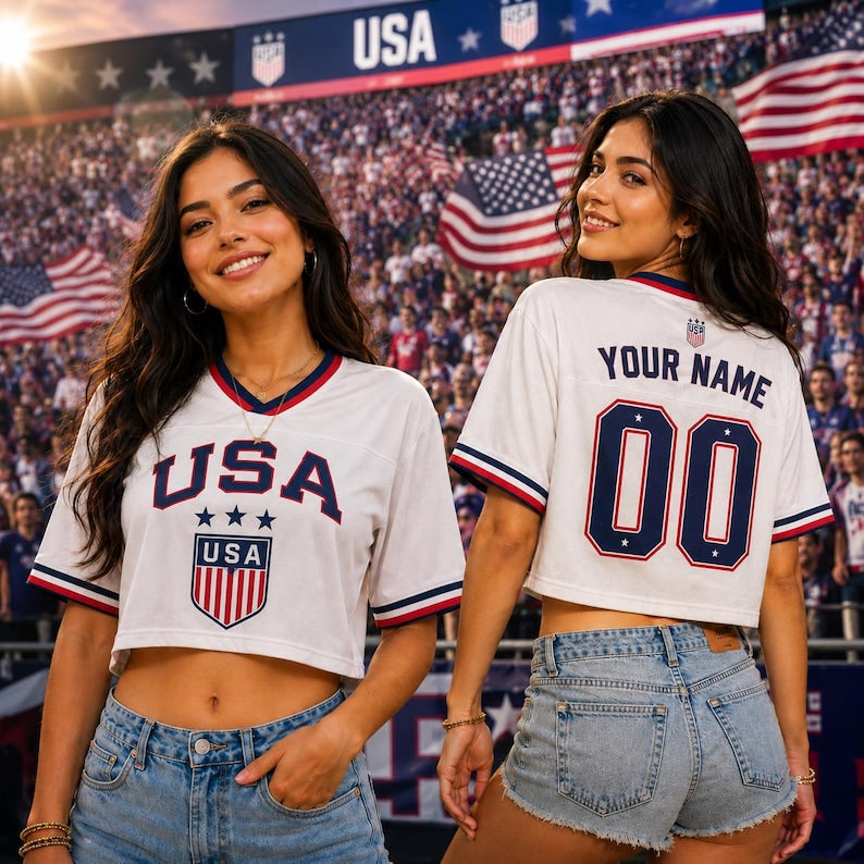 Custom USA Cropped Soccer Jersey, Personalized Name Number Football Shirt