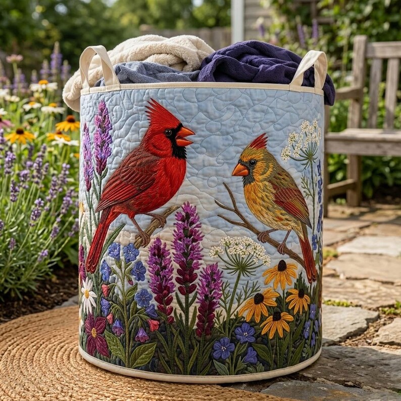 Cardinals Quilted Laundry Basket, Red Bird Fabric Hamper, Wildlife Nature Lover Gift